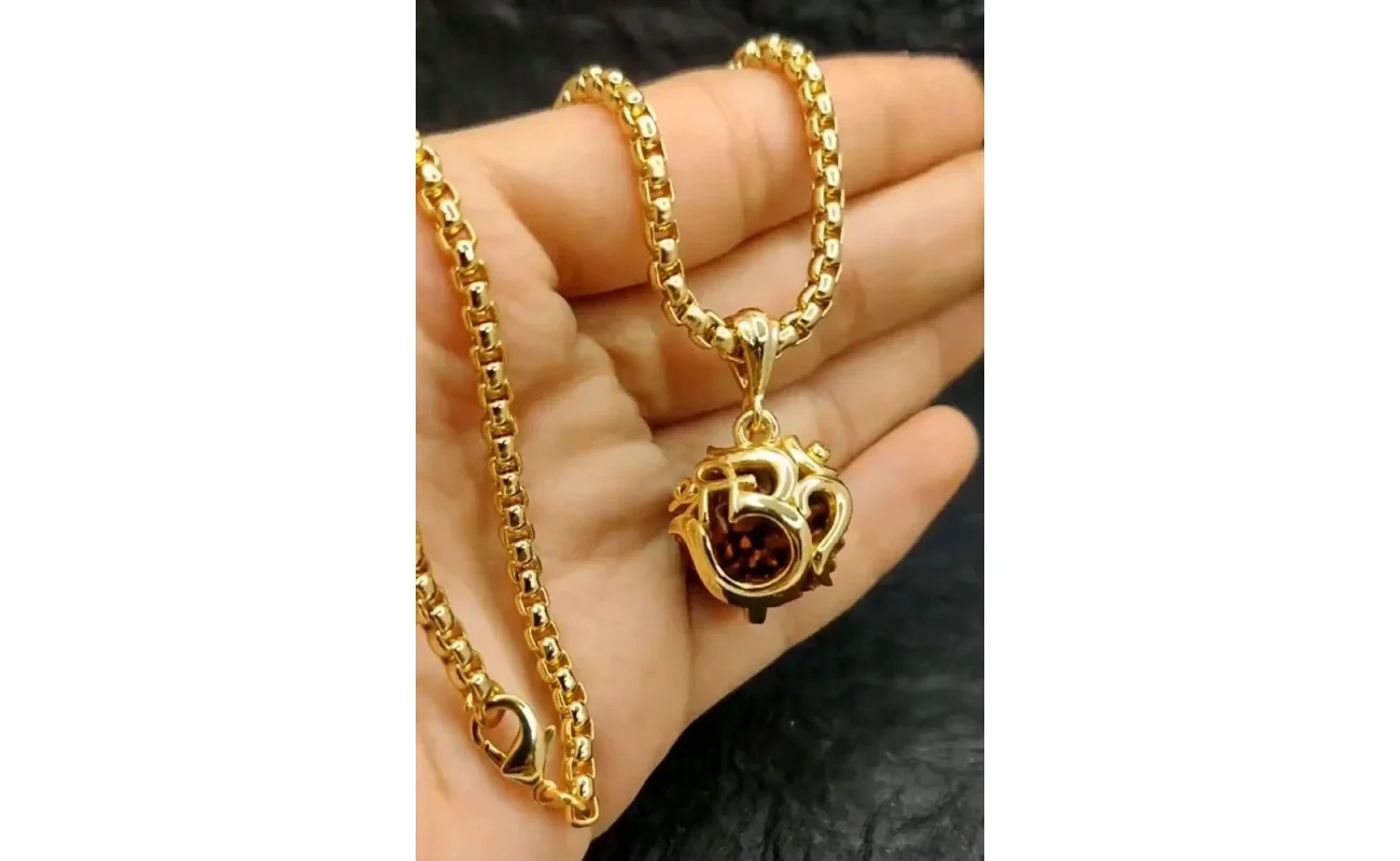 Om Rudraksha Pendant With Gold Chain for Men | Spiritual Religious Locket with Alloy Finish | Daily Wear Pendant for Devotees, Om pendant, Rudraksha pendant, gold chain for men, spiritual pendant, Lord Shiva locket, Om Rudraksha pendant with gold chain for men, spiritual Om locket with Rudraksha, gold-plated Om Rudraksha chain for daily wear, religious pendant for men with Rudraksha