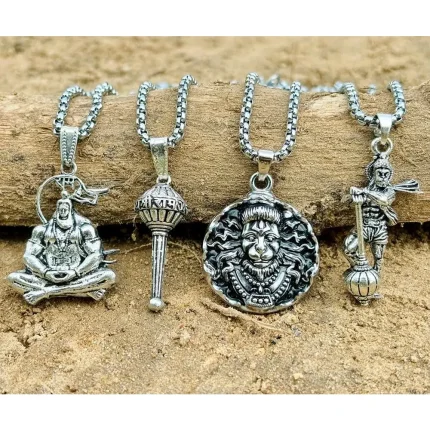 Lord Hanuman Chain with Pendant for Men (Pack of 4) | Oxidized Silver Spiritual Hanuman Ji Lockets | Free Size Religious Chains for Daily Wear, lord hanuman pendant, hanuman chain for men, hanuman locket online, oxidized silver hanuman pendant, buy hanuman pendant pack, hanuman pendant set of 4, religious pendant for men, casual hanuman chain, free size hanuman locket, spiritual hanuman necklace, men’s hanuman chain pendant, lord hanuman jewellery online, hanuman ji pendant combo, hanuman locket for boys