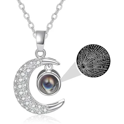 Moon Projection Necklace for Women | I Love You in 100 Languages Pendant | Romantic Personalized Alloy Necklace (Free Size), moon projection necklace for women, I love you in 100 languages necklace, personalized moon pendant necklace, custom photo moon necklace, romantic gift necklace for girlfriend, alloy moonlight pendant for women, projection necklace with hidden message, free size moon pendant necklace